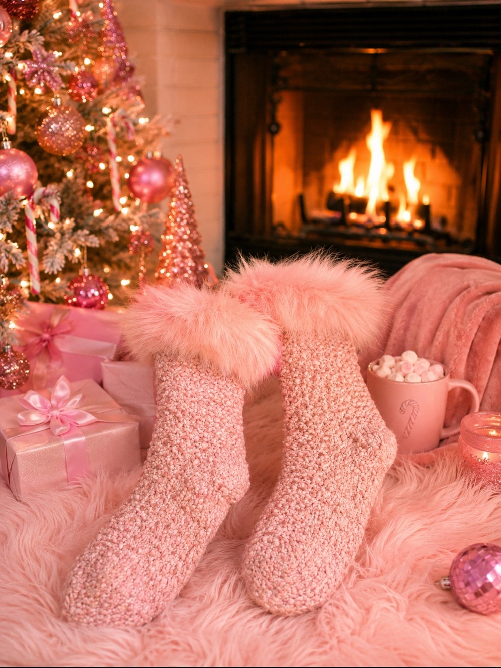 Plush Faux-Fur Cuff Cozy Socks - Pink